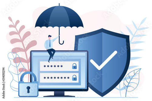 Data Protection technology. Businessman holding umbrella. Monitor screen with login and password. Shield and padlock.
