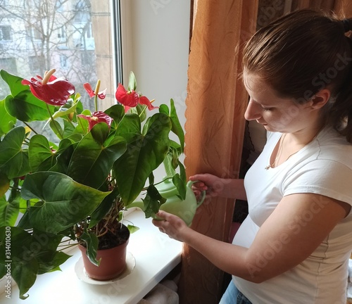 woman with watering pot watering flower plant