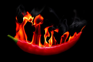Papier peint photo Piments forts Piment rouge feu et fumée  © Thicha