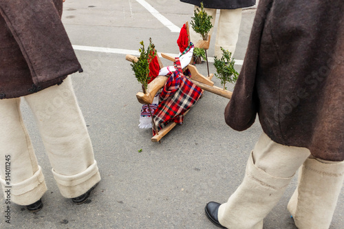 Sighetu Marmatiei, Romania: Maramures traditional costumes. Traditional Romanian peasant sandals which is worn with the Romanian peasant costume at Winter Customs and Traditions Marmatia Festival