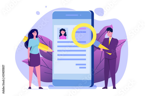 Hiring, select resume process concept. Company hr managers hiring a employee online.  Vector illustration