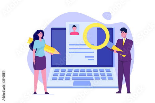 Hiring, select resume process concept. Company hr managers hiring a employee online.  Vector illustration
