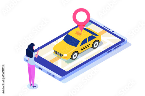 Ordering taxi online mobile app isometric concept. Vector illustration