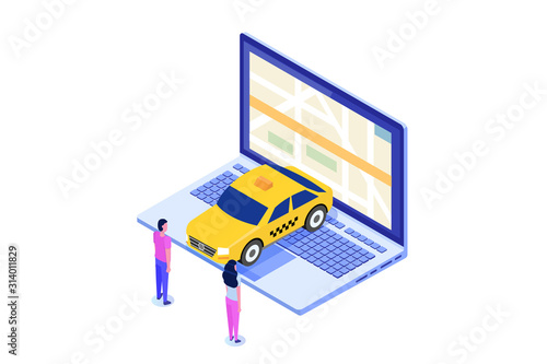 Ordering taxi online mobile app isometric concept. Vector illustration