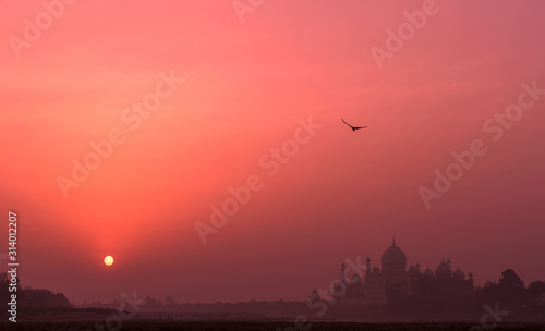 Silhouettes of majestic ancient Taj Mahal temple and a soaring eagle on the background of pink sky at sunrise  UNESCO world heritage, bank of the Yamuna river in Agra, India © kiwisoul