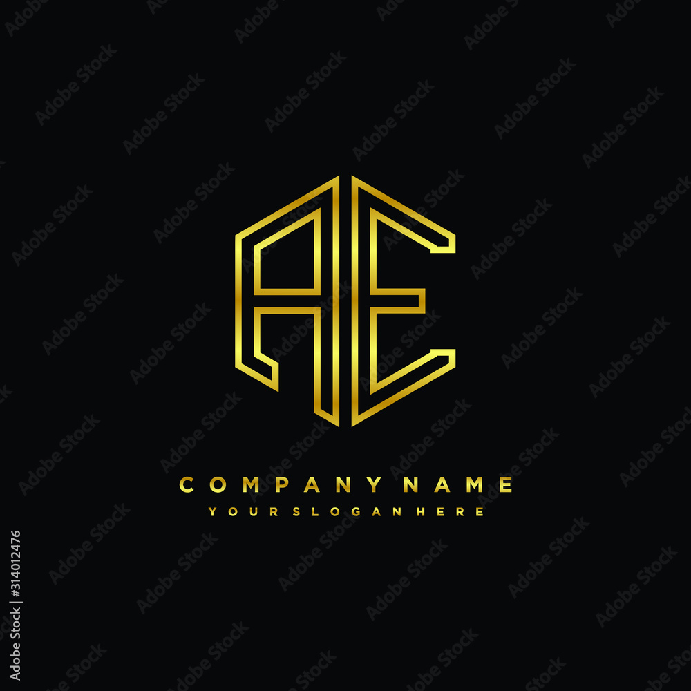 Initial letter AE, minimalist line art monogram hexagon logo, gold color Initial letter AE, minimalist line art monogram hexagon logo, gold color