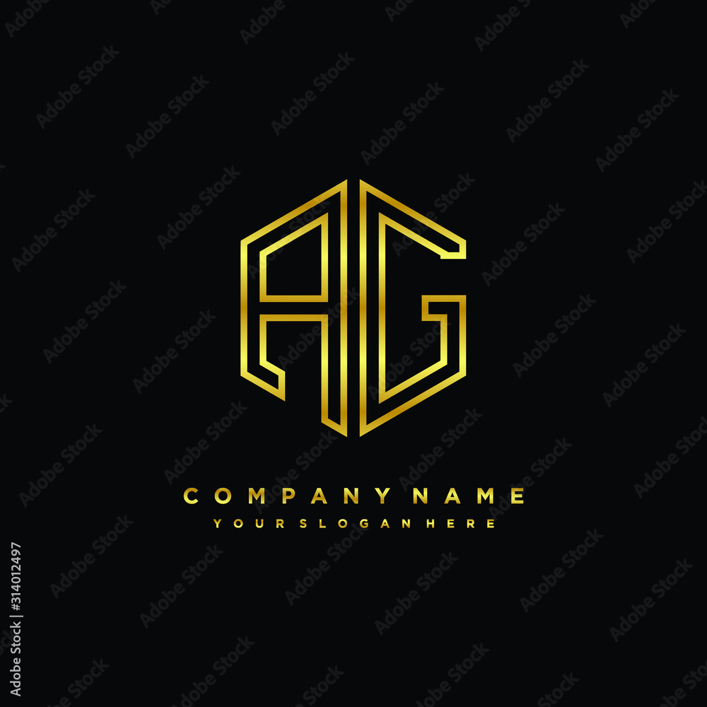 Initial letter AG, minimalist line art monogram hexagon logo, gold color