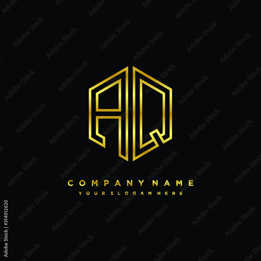 Initial letter AQ, minimalist line art monogram hexagon logo, gold color Initial letter AQ, minimalist line art monogram hexagon logo, gold color