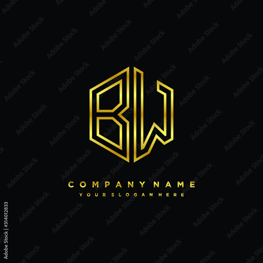Initial letter BW, minimalist line art monogram hexagon logo, gold color Initial letter BW, minimalist line art monogram hexagon logo, gold color