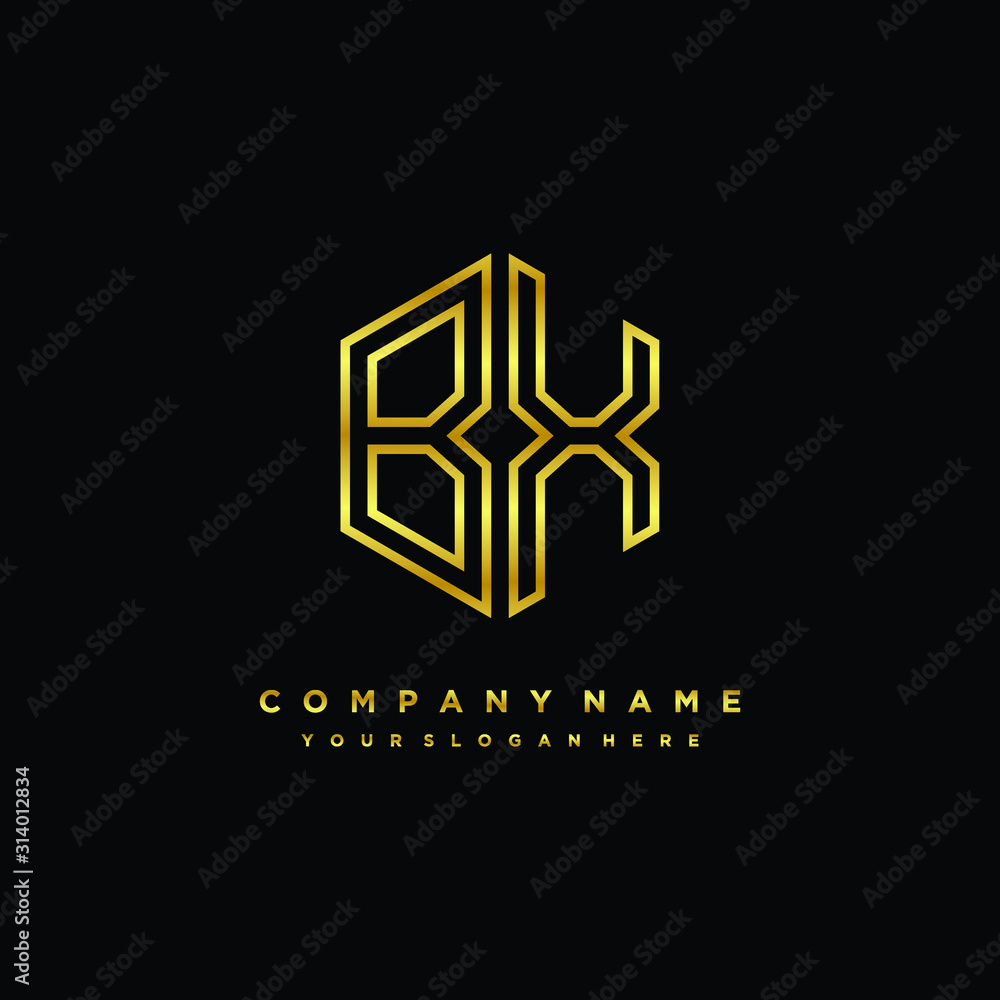Initial letter BX, minimalist line art monogram hexagon logo, gold color Initial letter BX, minimalist line art monogram hexagon logo, gold color