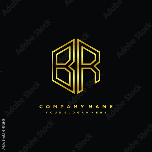 Initial letter BR, minimalist line art monogram hexagon logo, gold color