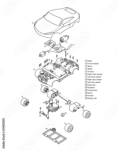 Exploded view of toy car