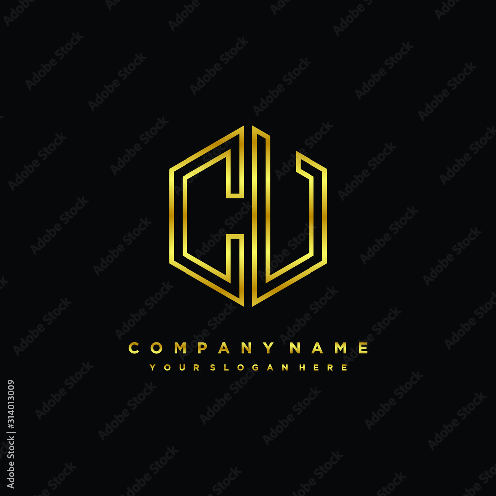 Initial letter CV, minimalist line art monogram hexagon logo, gold color