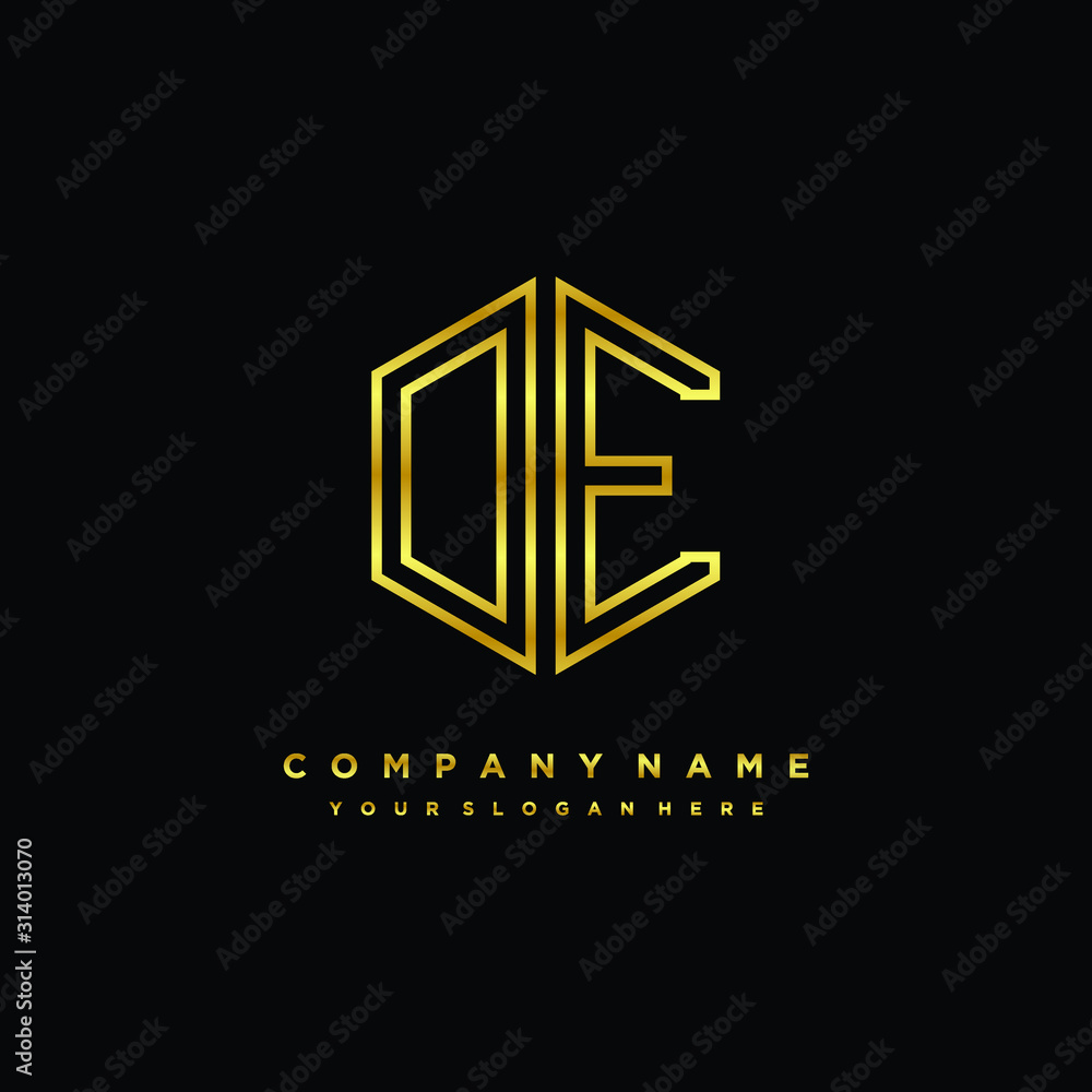 Initial letter DE, minimalist line art monogram hexagon logo, gold color Initial letter DE, minimalist line art monogram hexagon logo, gold color