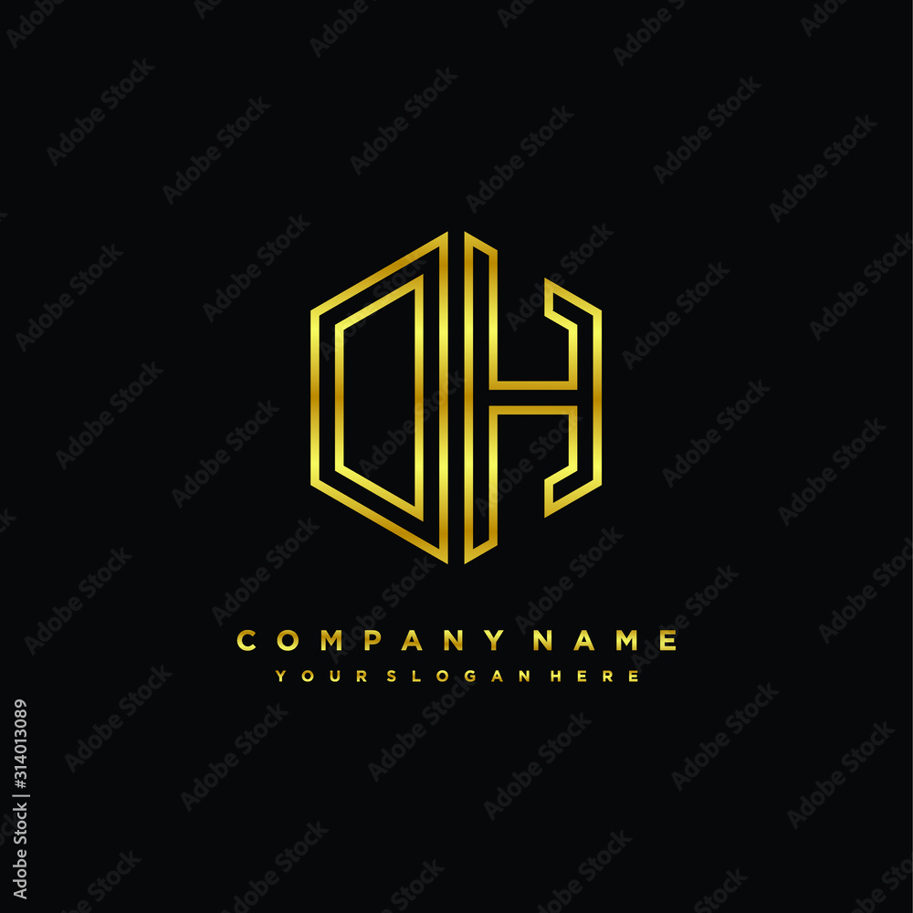 Initial letter DH, minimalist line art monogram hexagon logo, gold color