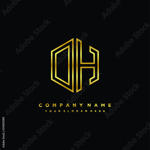 Initial letter DH, minimalist line art monogram hexagon logo, gold color