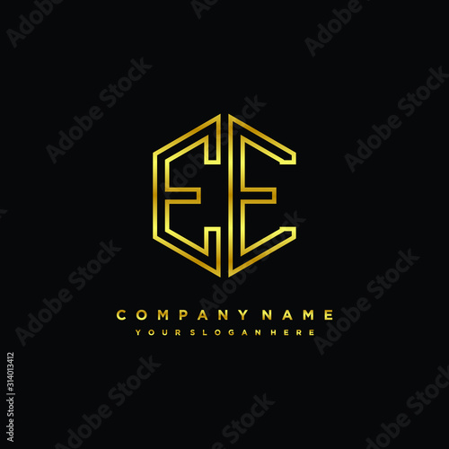 Initial letter EE, minimalist line art monogram hexagon logo, gold color