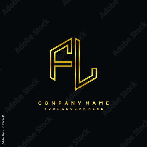 Initial letter FL, minimalist line art monogram hexagon logo, gold color