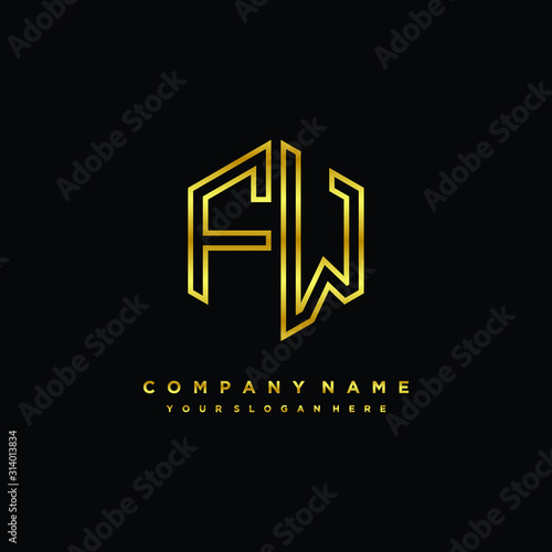 Initial letter FW, minimalist line art monogram hexagon logo, gold color