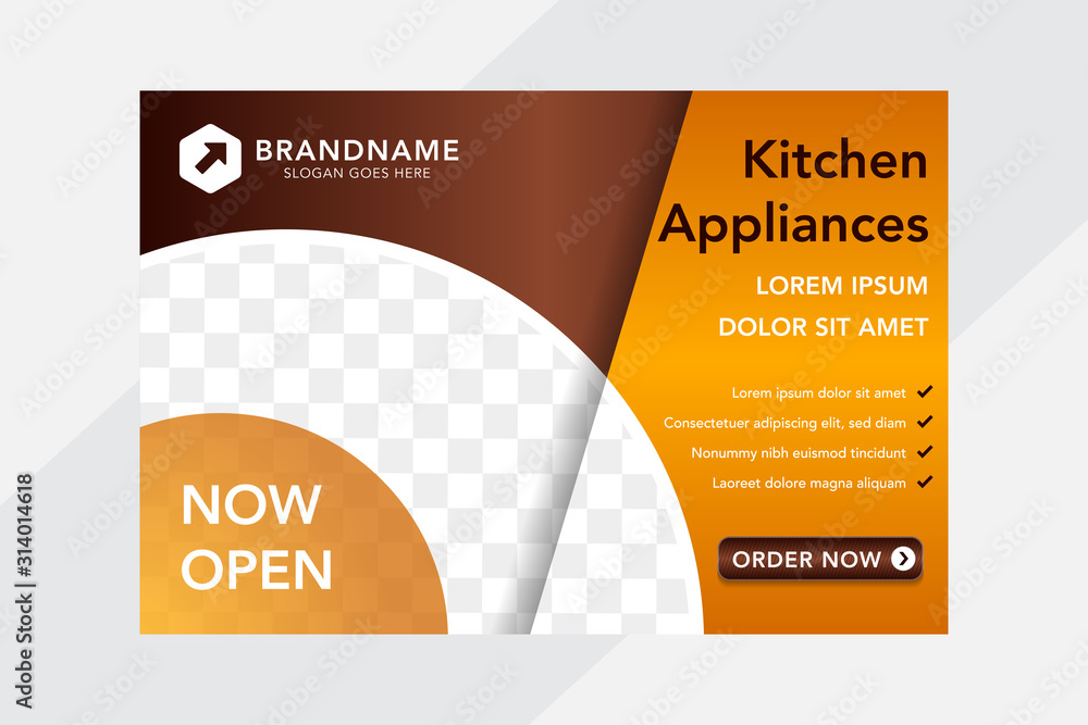 Fototapeta premium brown orange horizontal web banners of standard size with geometric elements and circle designs for photo. Banner template. Abstract background ad design for kitchen appliances. 
