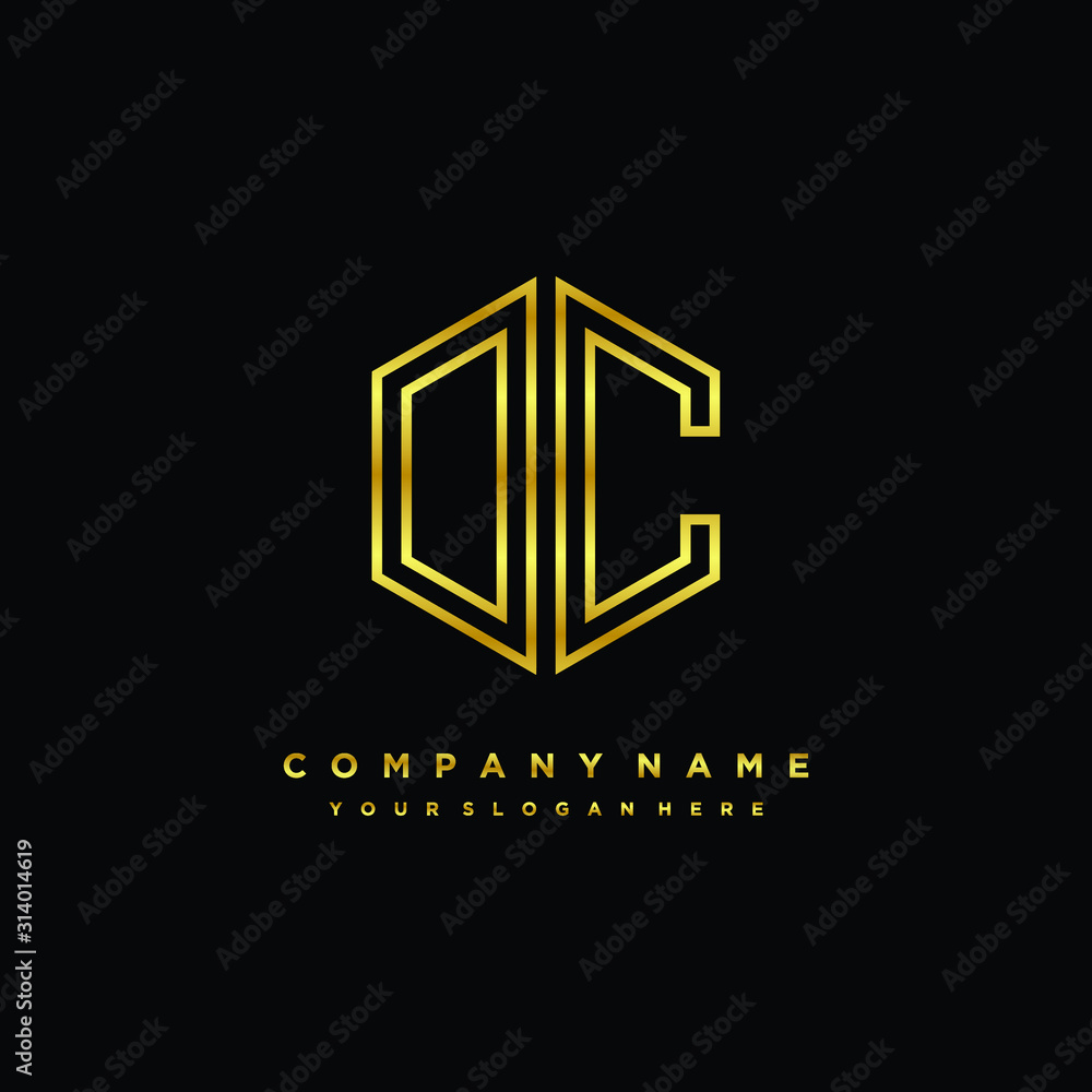 Initial letter OC, minimalist line art monogram hexagon logo, gold color Initial letter OC, minimalist line art monogram hexagon logo, gold color