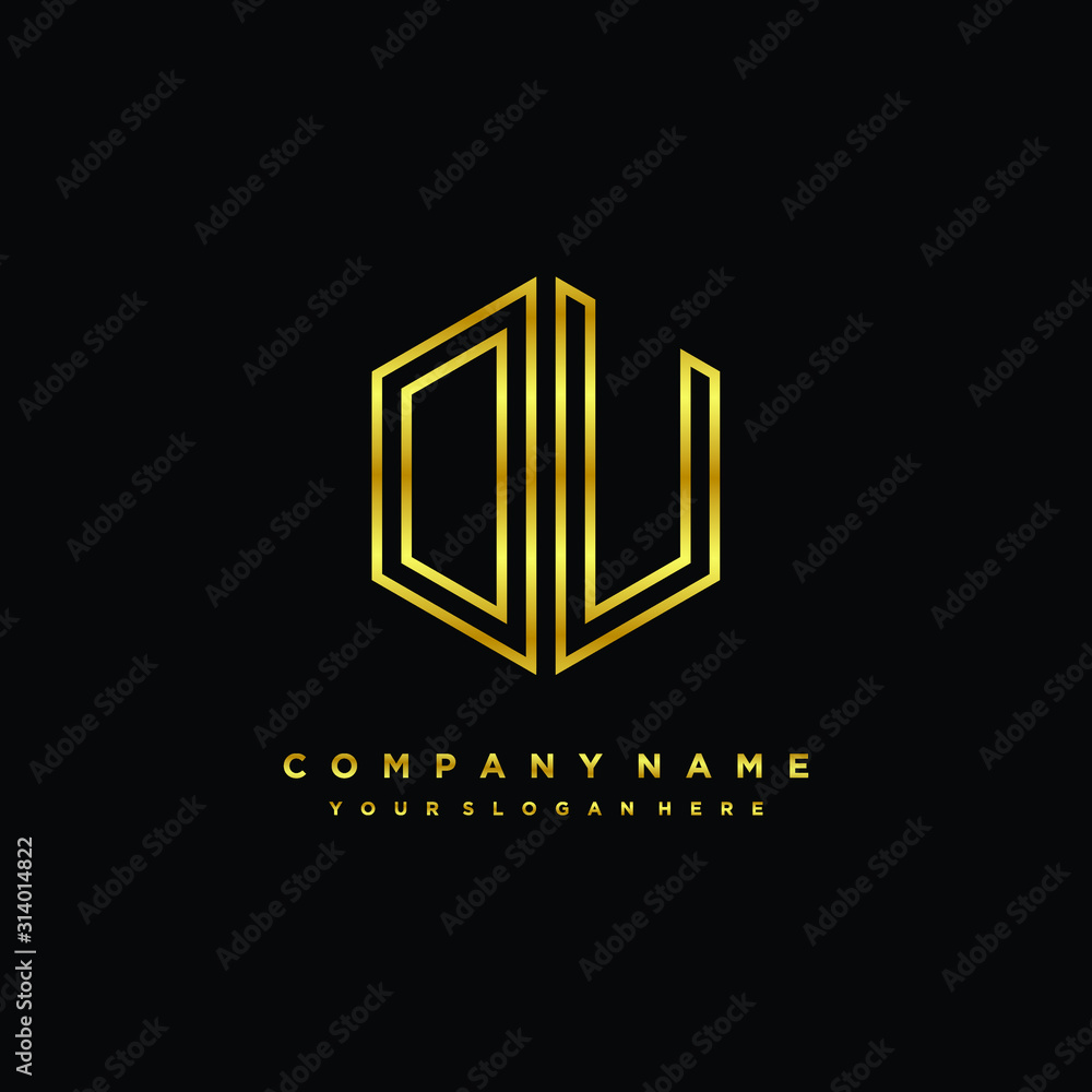Initial letter OU, minimalist line art monogram hexagon logo, gold color Initial letter OU, minimalist line art monogram hexagon logo, gold color
