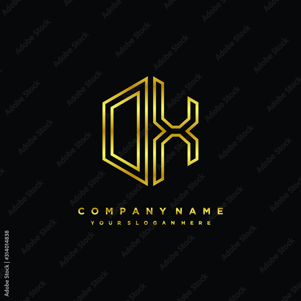 Initial letter OX, minimalist line art monogram hexagon logo, gold color Initial letter OX, minimalist line art monogram hexagon logo, gold color