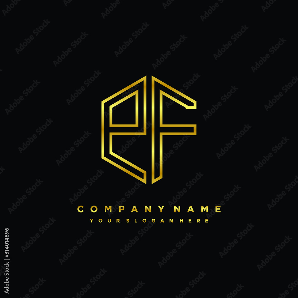 Initial letter PF, minimalist line art monogram hexagon logo, gold color Initial letter PF, minimalist line art monogram hexagon logo, gold color