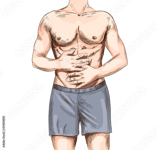 Muscular man suffering from the stomach ache