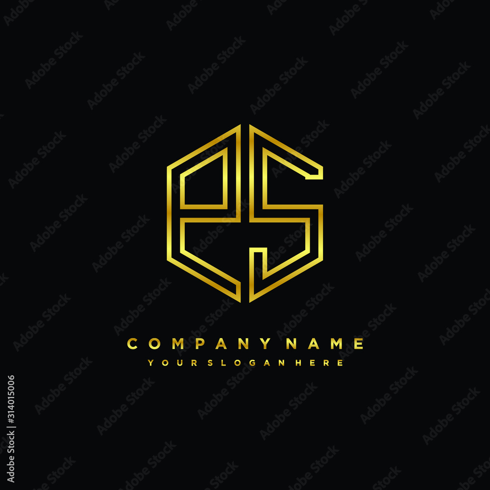 Initial letter PS, minimalist line art monogram hexagon logo, gold color Initial letter PS, minimalist line art monogram hexagon logo, gold color