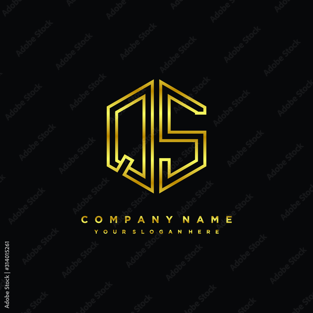 Initial letter QS, minimalist line art monogram hexagon logo, gold color Initial letter QS, minimalist line art monogram hexagon logo, gold color