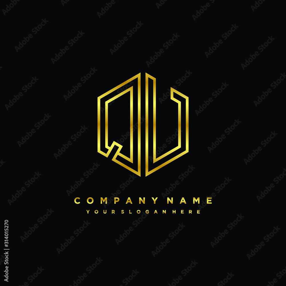 Initial letter QV, minimalist line art monogram hexagon logo, gold color Initial letter QV, minimalist line art monogram hexagon logo, gold color