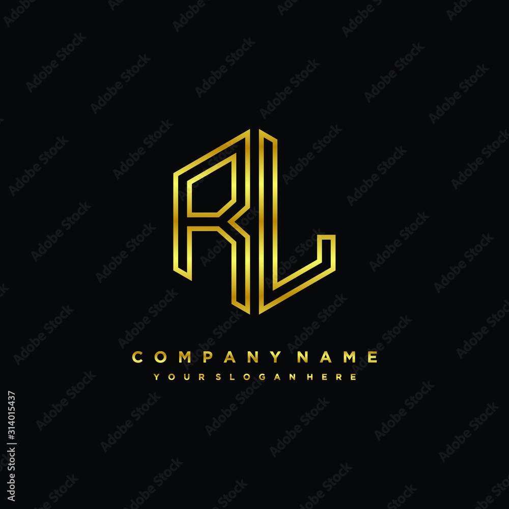 Initial letter RL, minimalist line art monogram hexagon logo, gold color