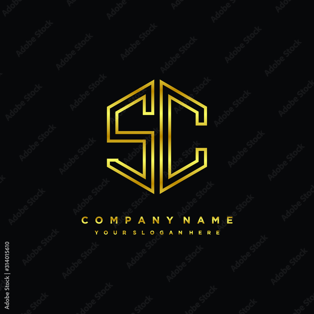 Initial letter SC, minimalist line art monogram hexagon logo, gold color Initial letter SC, minimalist line art monogram hexagon logo, gold color