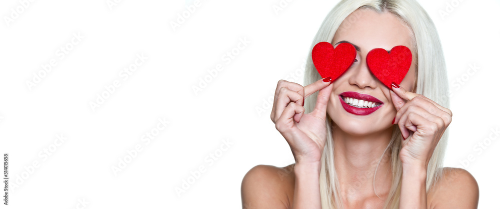 Valentine's day. Happy woman with red hearts in her eyes with a smile on a white background. Isolate. Wallpaper, flyers, invitations, posters, brochures, banners.