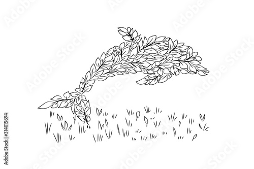  Garden figure of a dolphin. Shrub sculpture. Artistic pruning of the bush. Contour image. Design element. Vector illustration.