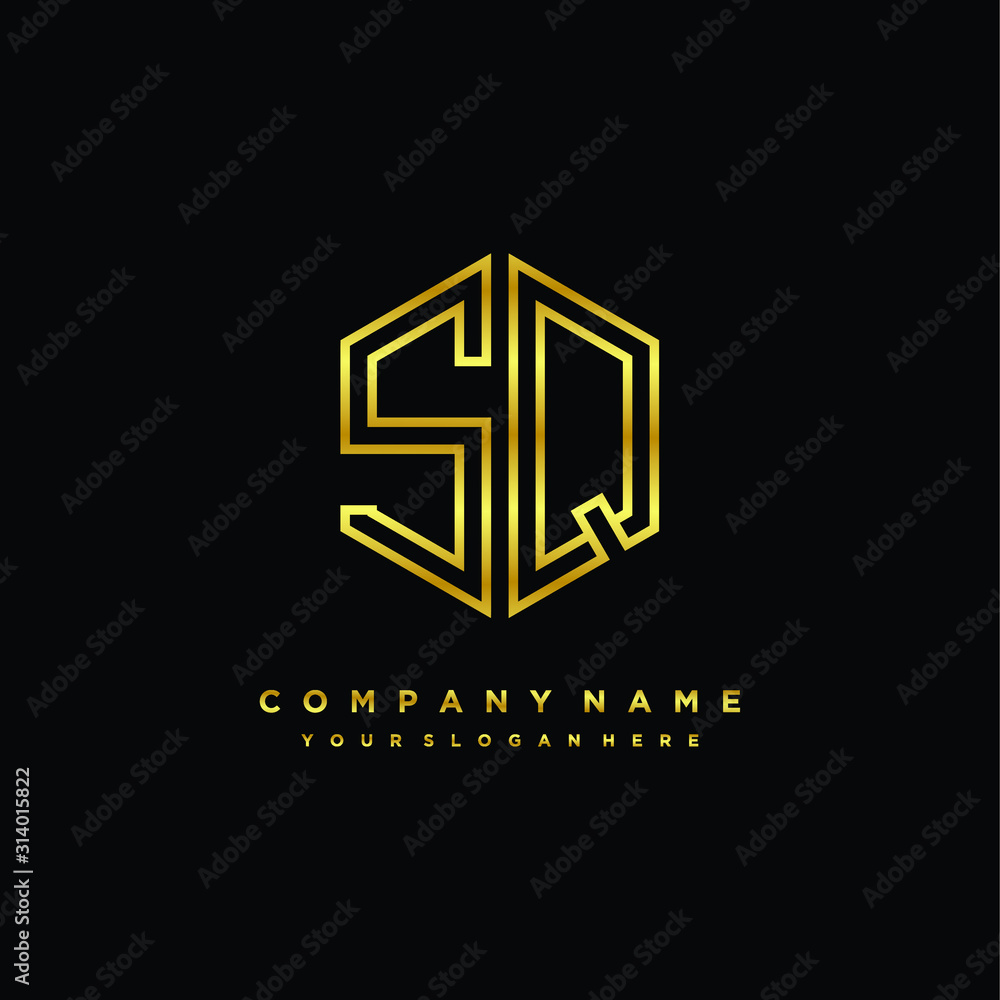 Initial letter SQ, minimalist line art monogram hexagon logo, gold color