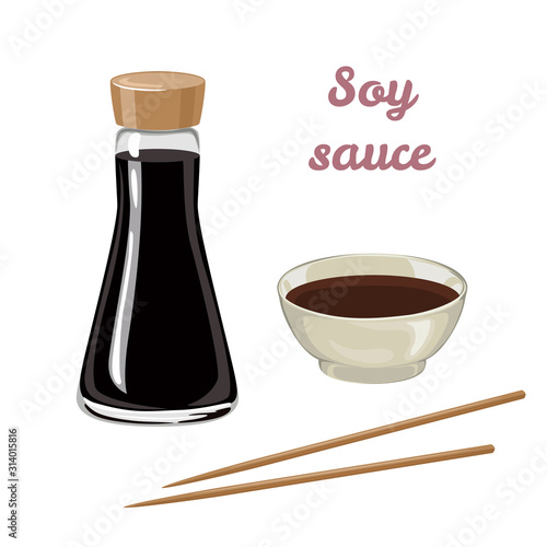 Soy sauce in a bottle, bowl and chopsticks isolated on white background. Soya sauce set. Vector illustration of asian food in cartoon flat style.