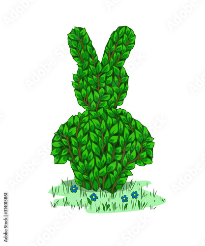  Garden figure of a hare. Shrub sculpture. Artistic pruning of the bush. Multi-colored image. Design element. Vector image.