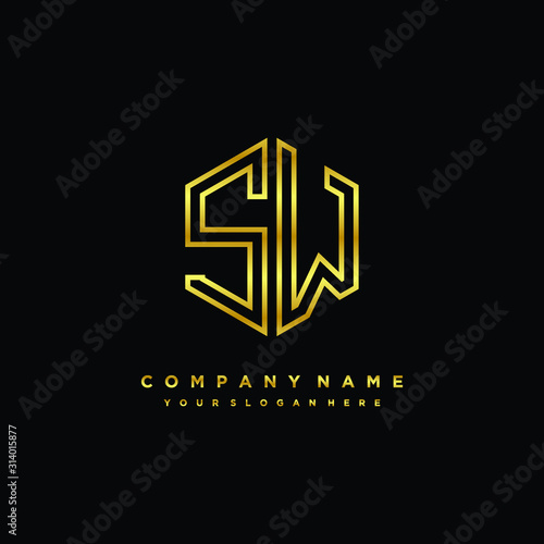 Initial letter SW, minimalist line art monogram hexagon logo, gold color