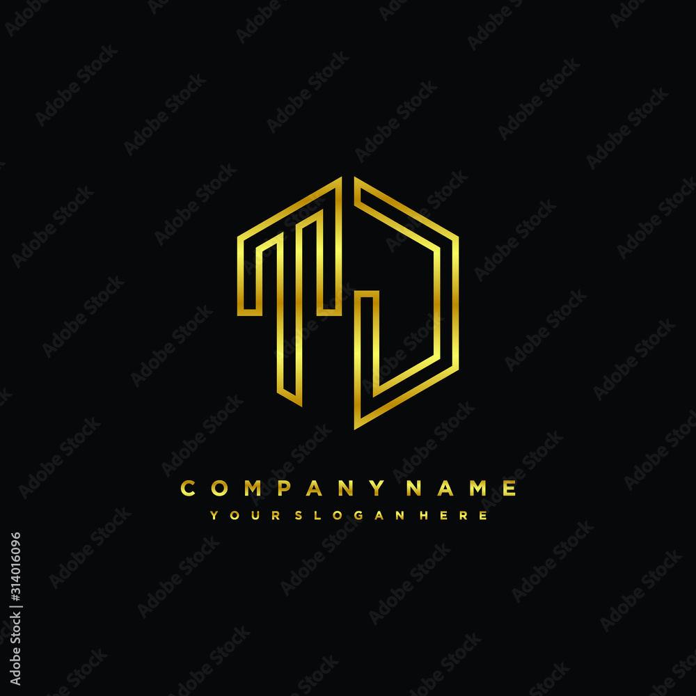 Initial letter TJ, minimalist line art monogram hexagon logo, gold color