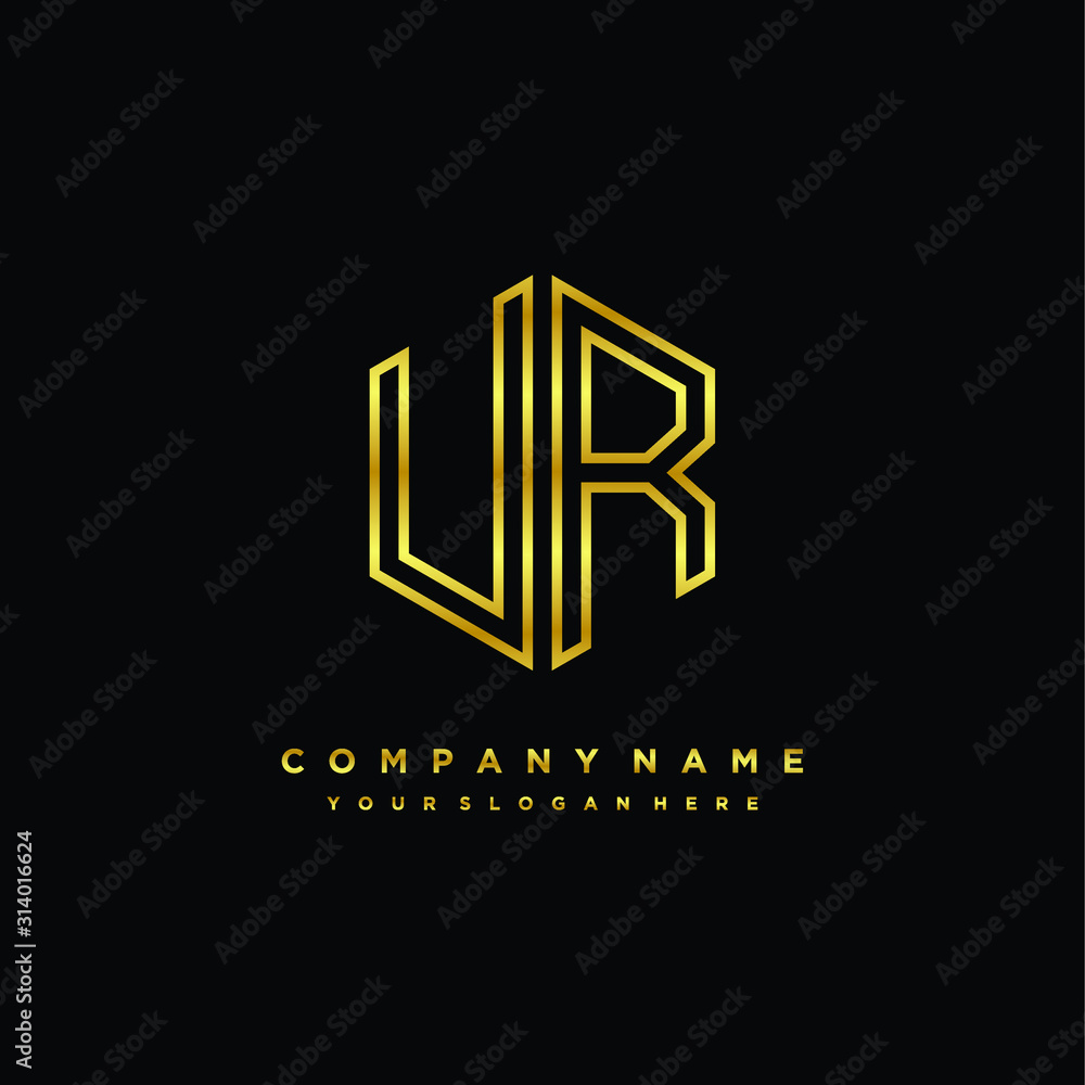 Initial letter UR, minimalist line art monogram hexagon logo, gold color