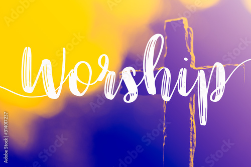 Photography The word Worship and holy cross for good friday and easter day in church christian music concert or Sunday service