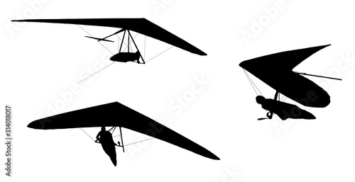 Set of real Hang gliding wing silhouettes isolated on white.