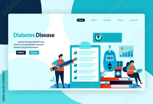 Vector flat illustration template of blood sugar and diabetes checks. awareness of insulin levels health checks in hospital, clinic, laboratory. for banner, landing page, web, website, mobile apps