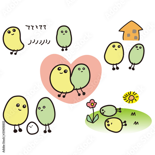 豆の形　丸い　キャラクター　かわいい　セット