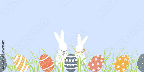 Seamless border of cute decorated Easter eggs and couple of funny bunnies in grass on blue background. Symbols of religious holiday covered with patterns - dots, flowers, stripes.Holiday vector