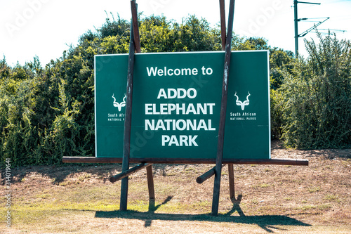 The sign at the gate of the Addo Elephant National Park, near Port Elizabeth, South Africa