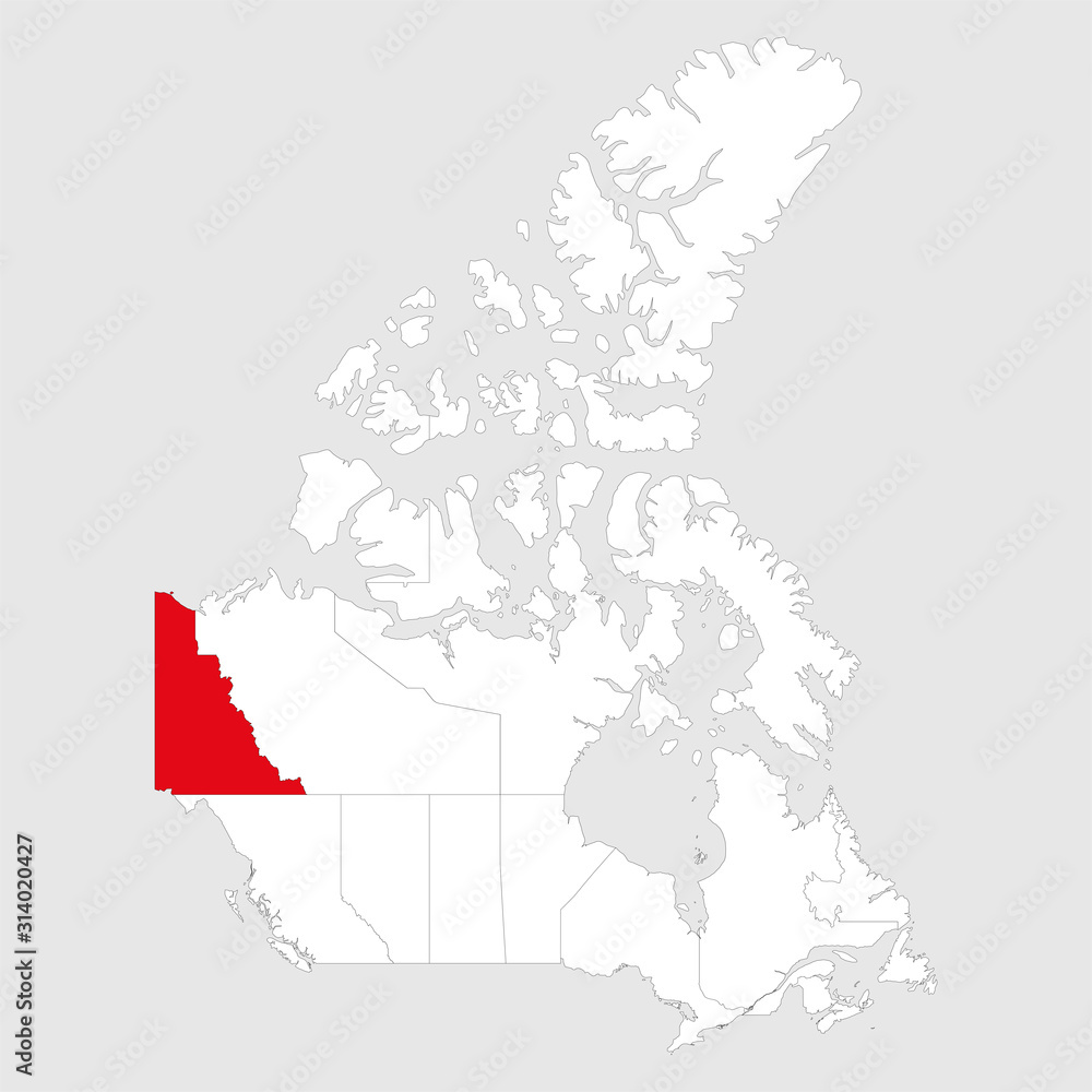 Yukon highlighted on canada map. Gray background. Canadian political map.