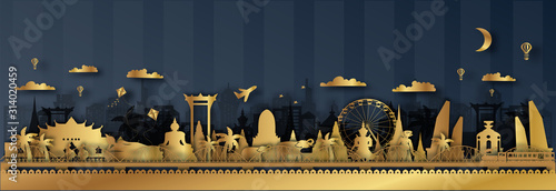 Thailand Travel postcard, poster, tour advertising of world famous landmarks in paper cut style. Vectors illustrations